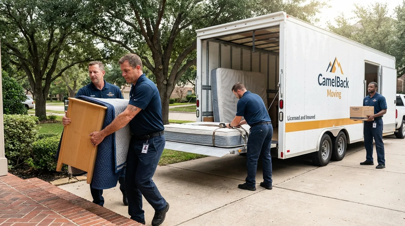 Crew loading residential truck for cross-state move from Fate, TX