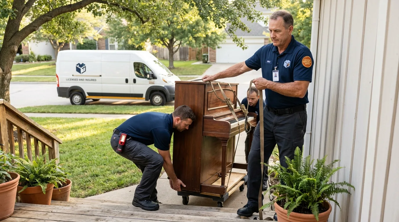 Licensed piano movers securing grand piano in Fate, TX