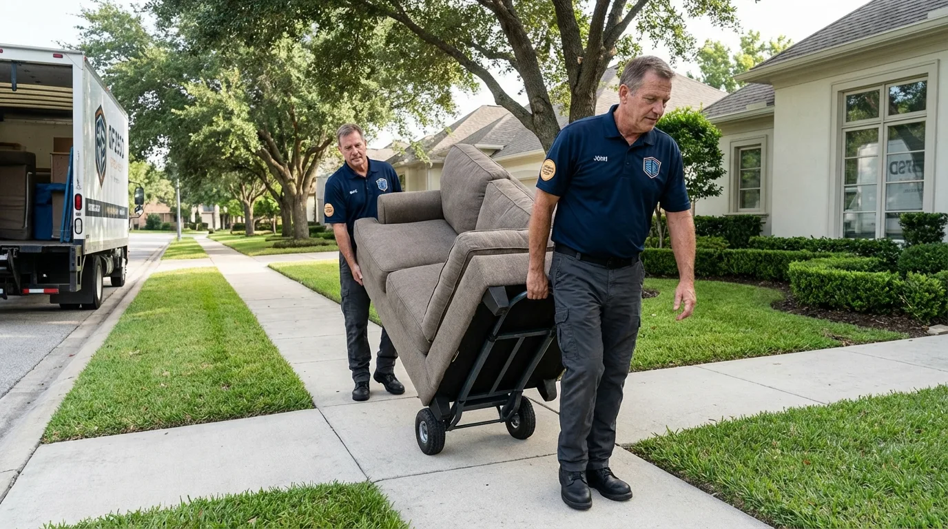 Local residential moving crew loading furniture in Fate, TX