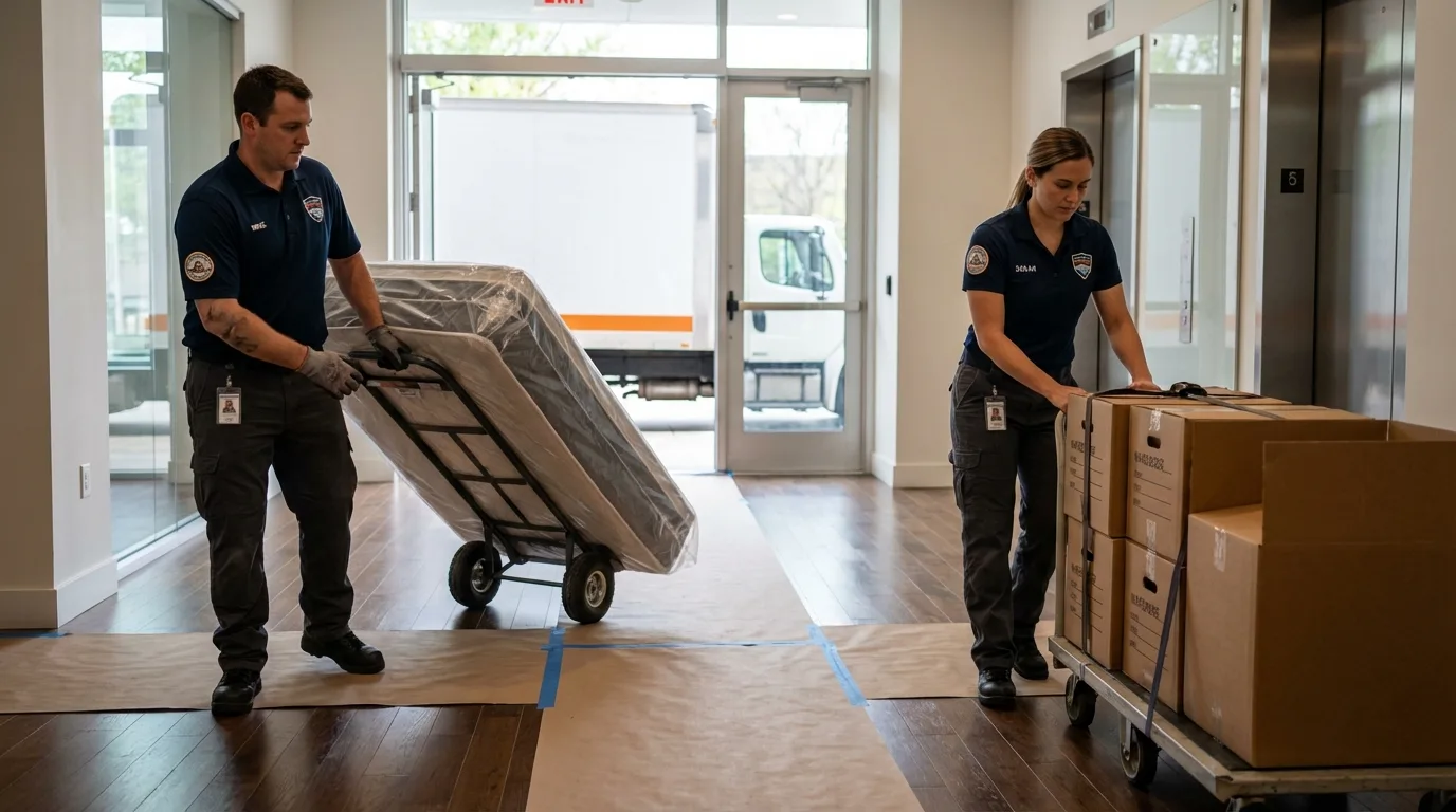 Professional apartment movers loading elevator in Fate, TX