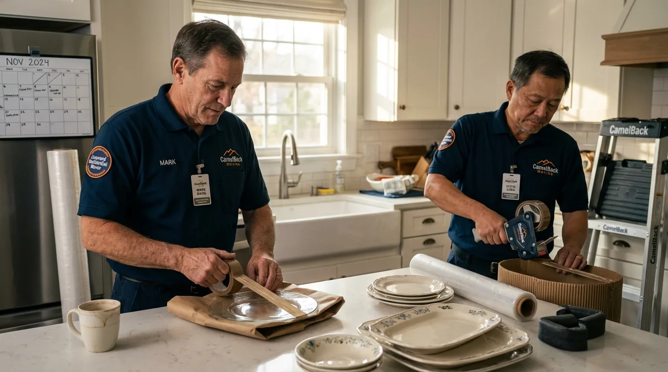 Professional crew packing kitchen dishware in Fate, TX